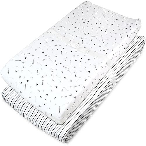American Baby Company 2 Pack Printed 100% Cotton Knit Fitted Contoured Changing Table Pad Cover - Compatible with Mika Micky Bassinet, Silver Black Arrow/Stripe, for Boys and Girls