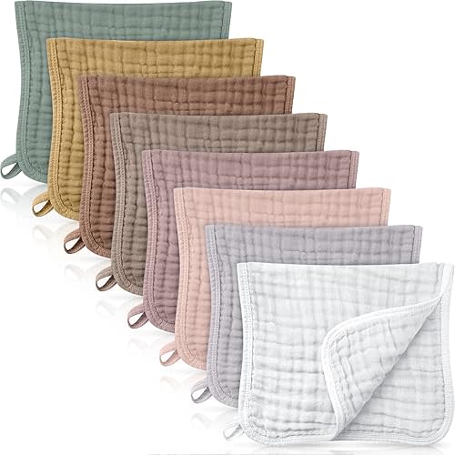 8 Packs Muslin Burp Cloths 6 Layers Unisex Baby Items Absorbent Burp Rags Colorful Muslin Washcloths for Baby Plain Soft Cotton Cloth for Babies Girls Boys, 10 x 20 Inch