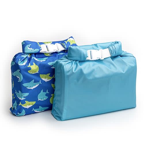 Set of 2 Water Resistant Wet Bags for Storing Laundry or Cloth Diapers Travel Size Wet Bag Daycare Beach Pool Wet Swimsuit Roll Top for Air Tight Odor Contained Washable Reusable (Sharks)