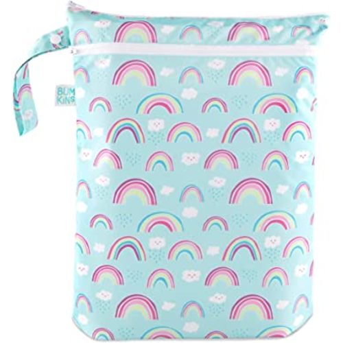 Bumkins Waterproof Wet Dry Bag for Baby, Travel, Swim Suit, Cloth Diapers, Pump Parts, Pool, Gym Clothes, Toiletry, Strap to Stroller, Daycare, Zip Reusable Bag, Wetdry Packing Pouch, Rainbows Blue