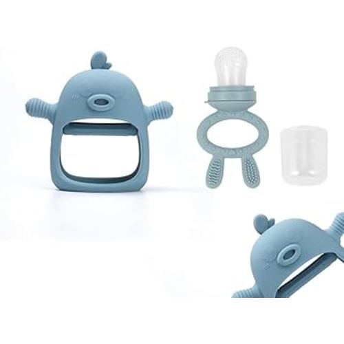 Baby Teething Toy Infants 3+ Months Set, 2 Pack-1 Baby Food Feeder & 1 Baby Teether, Anti Dropping Wrist Hand Teethers Baby Chew Toys for Sucking Needs, BPA Free (Blue)
