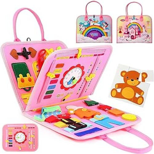 Toddler Busy Board for 1 Year Old + Busy Book for Toddlers 1-3 with 25+ Educational Activities, Airplane Travel Essentials for Kids (Pink)