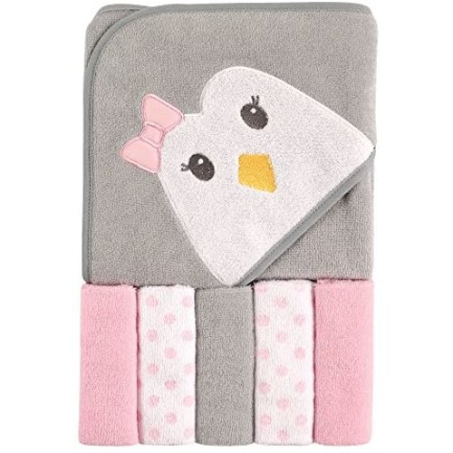 Luvable Friends Unisex Baby Hooded Towel with Five Washcloths, Penguin, One Size