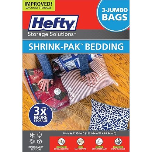 Hefty Shrink-Pak Vacuum Storage Bags - Space Saver for Under Bed Storage, Clothing and Comforters, Odor Resistant, 3X More Storage Space - 3 Jumbo Bags