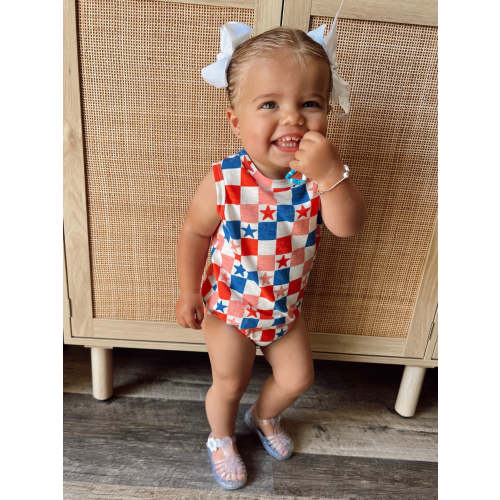 Red, White, Blue & Pink Checkerboard / Organic Dune Bubble | 3-6M