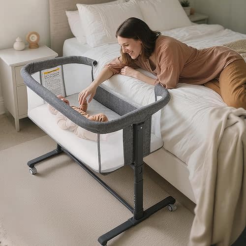 Kinder King Baby Bassinet w/Wheels, Folding Portable Newborn Bedside Sleeper, All-Sided Mesh Infant Crib, Adjustable Height, Removable Soft Mattress, No Tool to Assemble, Grey
