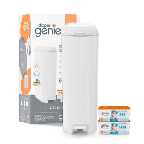 Diaper Genie Platinum Pail Gift Set, Lily White, Made of Durable Stainless Steel and Includes 2 Easy Roll Refills with 48 Bags.