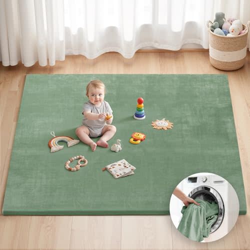 Blissful Diary Ultra Soft Baby Play Mat, 71x59 Extra Large Floor Mat with Removable & Washable Slip-On Cover for Babies and Toddlers, Sage Green