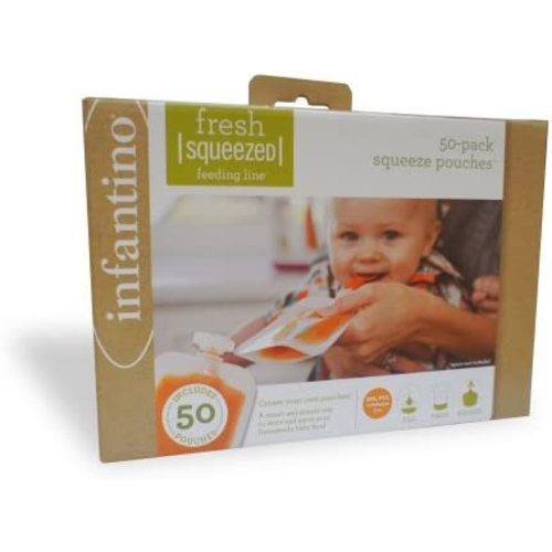 Infantino Disposable Squeeze Pouches - Pack of 50 disposable pouches for portable homemade semi-solid food for babies and toddlers, BPA and PVC free, freezer safe