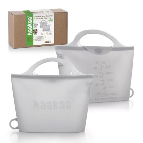 Haakaa Silicone Microwave Steamer & Steriliser Bag, Reusable Silicone Steaming Bags for Baby Bottles, Breast Pump, Accessories, Pacifiers and Teethers, Great for Home and On-The-Go, Grey/2PC（1250ml)