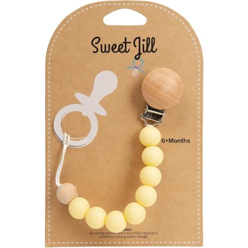 Pacifier Clip Made with Silicone Beads and Secured with Wood Clip. 1 Piece Design. BPA-Free. Chewable. 9" Long. Keeps Pacifiers and teethers securely Fastened. (Yellow)