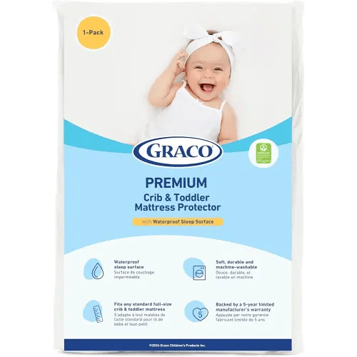 Graco Premium Waterproof Crib and Toddler Mattress Protector (1 Pack) – GREENGUARD Gold Certified, Machine-Washable & Dryer-Friendly, Waterproof Sleep Surface, Fits Crib & Mattress