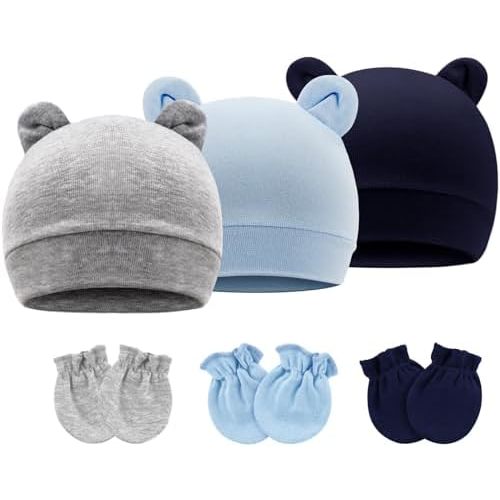 BQUBO Baby Hats and Mittens Infant Cotton Beanie Gloves No Scratch Set Newborn Hospital Hat for Boys Girls 0-6 Months
