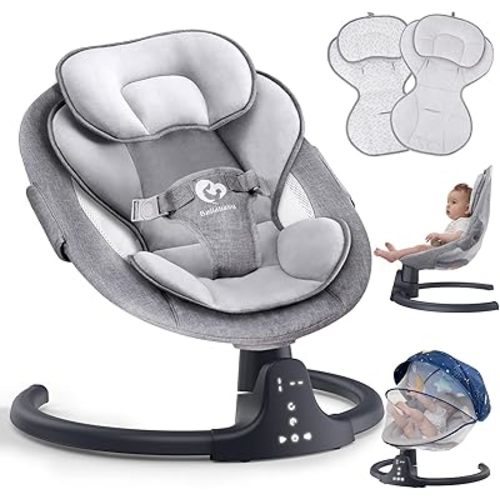 Bluetooth Baby Swing for Infants, Compact & Portable Baby Rocker, 3 Seat Positions, 5 Swing Speed, 10 Lullabies, Remote Control, USB Plug-in Power, Reversible Cushion for All Seasons