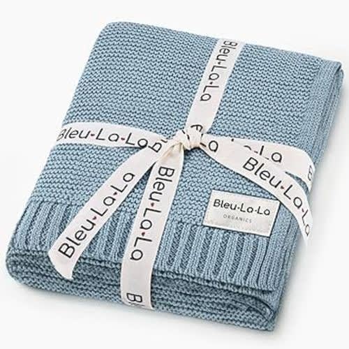Organic Cotton Knit Receiving Blanket for Boys - 100% Luxury Soft Organic Cotton - Warm Cozy Swaddle Cuddle Stroller Crib Blanket for Newborns Infants & Toddlers (0-2Yrs - Sky Blue)