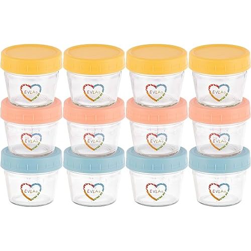 Baby Food Containers 12-Pack - 4 oz Glass Jars with Lids - BPA-Free, Microwave, Freezer, and Dishwasher Safe Glass Baby Food Jars or Toddler Snack Containers for Kids Purees or Breastmilk by EVLA’s