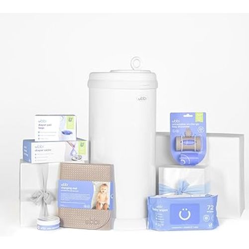 Ubbi Diaper Changing Value Gift Set, Includes White Diaper Pail, Absorbing Gels, Travel Changing Mat, Pail Waste Bags, On-The-Go Waste Sacks & Bag Dispenser, & Baby Wipes, Baby Registry Gift