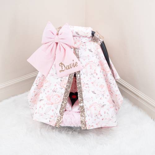 Pale Pink Rose Blooms Baby Girl Car Seat Cover Canopy - Rose Gold Personalized Bow Embroidery - Gift for Newborn Infant - Baby Shower Gift