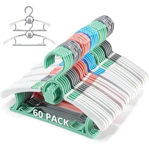 Kids Hangers, Extendable & Stackable Baby Hangers, 60PCS Mix-Colors Toddler Hangers for Baby Toddler Children Kids Teen, 11~14Inch Non-Slip Plastic Kid Hangers, Baby Clothes Hangers - Mixed-clolor