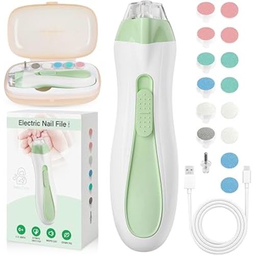 Baby Nail Trimmer Electric, 15 in 1 Baby Nail Clippers for Gentle Nail Care, Rechargeable Baby Nail File Electric with Light &15 Grinding Pads for Infant Toddler, Green