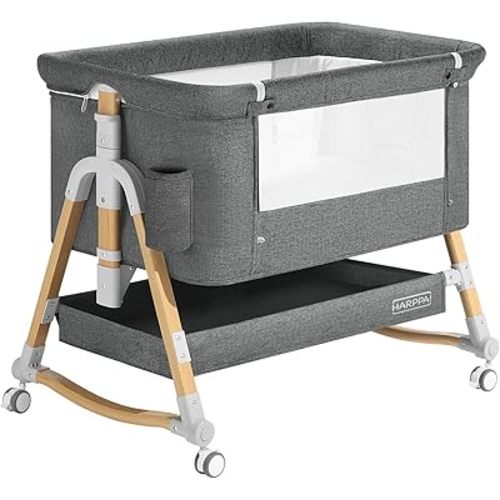 HARPPA Cuddly 3 in 1 Baby Bassinet Bedside Sleeper, 5 Position Adjustable, Includes Mosquito Net, Mattress, Anchor Strap (Wood Grain, Grey)