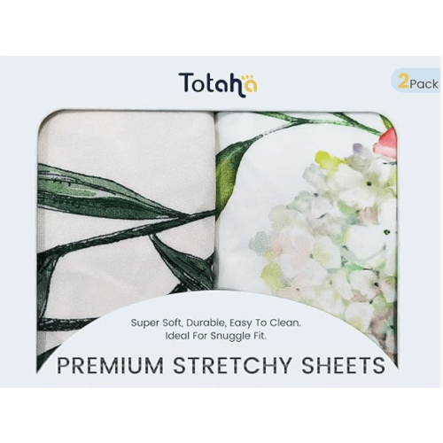 TotAha Premium Stretchy Crib Sheets (2-Pack)-Hypoallergenic, Silky Comfort, Buttery Soft, Calming Effect, All-Season Jersey-Knit Sheets, 28 X 52 X 9'' (Summer Floral & Spring Floral)
