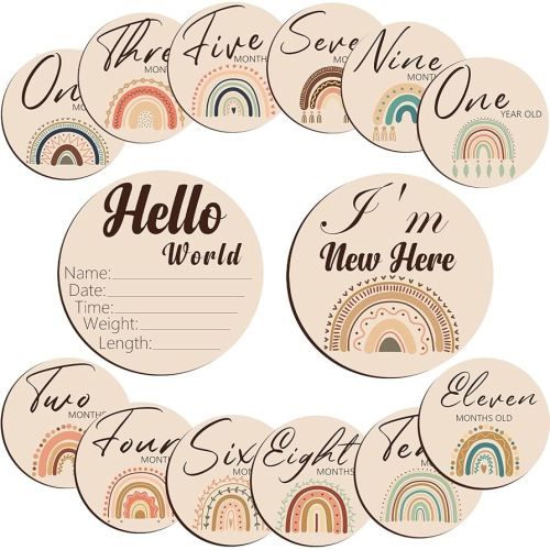 Baby Monthly Milestone,Wooden Monthly Milestone Photo Cards, Baby Announcement Cards, Pregnancy Journey Milestone Markers,7 Reversible Circles incl. Announcement Sign Baby Boy and Girl Gift Sets