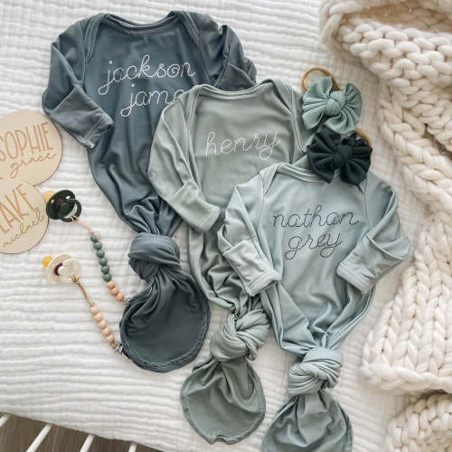 Personalized Stitched Newborn Baby Knot Gown | Forest Greens