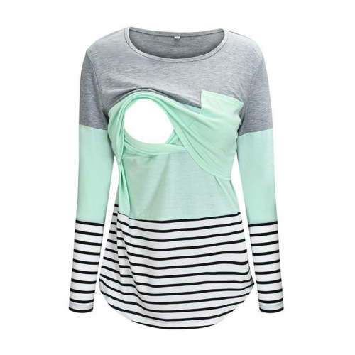 Women's Nursing Top Maternity Shirts for Breastfeeding Soft Double Layer Shirts Maternity Round Neck Stripe Patchwork Long Sleeve Breast Feeding Pregnant Woman Nursing Blouse Tops T-Shirt