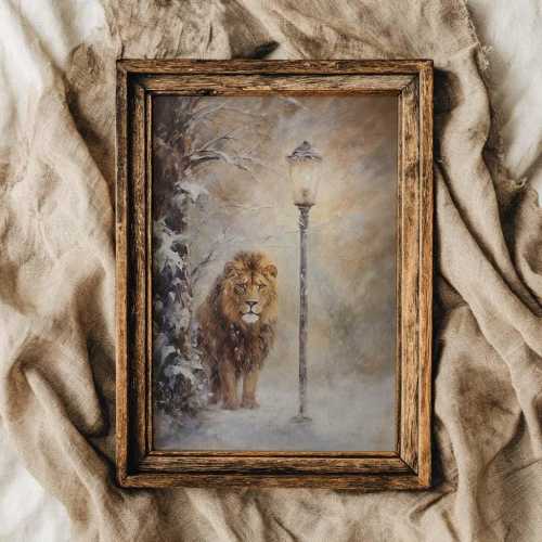 PHYSICAL PRINT Narnia Aslan and Lamppost wall art, book nook decor, reading nook decor, classic book art, booknook, Narnia decor