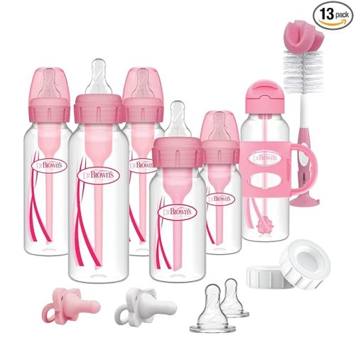 Dr. Brown's Anti-Colic Options+ Narrow Bottle Gift Set with Sippy Straw Bottle, HappyPaci Silicone Pacifiers, Storage/Travel Caps, and Bottle Brush, Pink