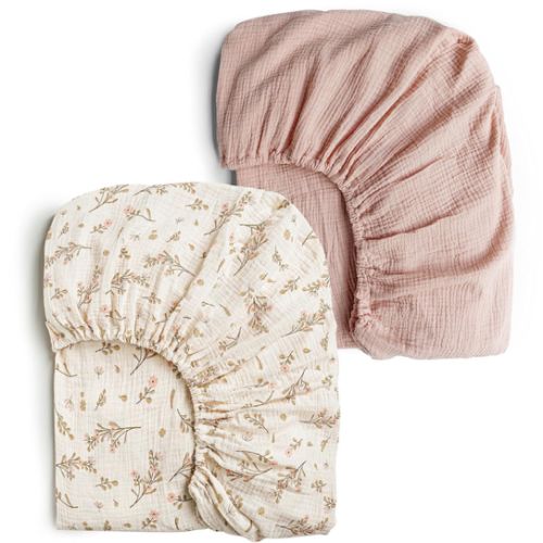Konssy Muslin Crib Sheets for Girl Boy, 2 PCS Soft and Breathable Cotton Baby Sheets for Standard Crib Mattress, 52"x 28" (Floral, Pink)