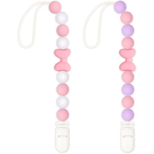 Silicone Pacifier Clip, 2 Pack Pacifier Holder for Boys and Girls, Adorable Butterfly Bow Pacifier Clips Fits for Most Pacifier, Baby Teethers, Baby Shower and Baby Gift(Pink&Purple)