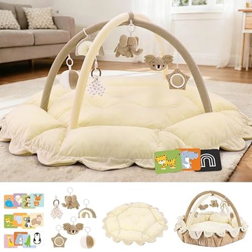 5-in-1 Baby Activity Gym & Play Mat with 6 Hanging Toys, Tummy Time Mat & Cards - Extra Large, Reversible Machine Washable Pad - Gift for Newborns, Infants 0-12 Months, Brown