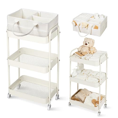 Fortella Baby Diaper Caddy, 3 Tier Rolling Storage Cart for Baby Essentials, Diaper Cart with Detachable Dividers, Storage Organizer & Baby Bottle Organizer for Bedroom, Living Room (Beige)