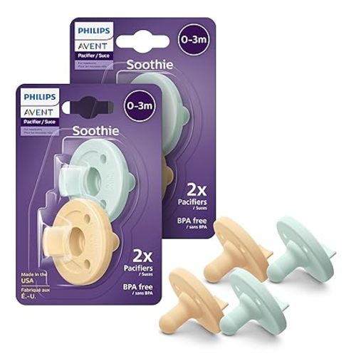 Philips Avent Soothie Baby Pacifiers - 100% Silicone Pacifiers for Babies 0-3 Months, One-piece Design, BPA-Free, Extra Durable, Lilac and Pink, 4 Pack, Model SCF190/70