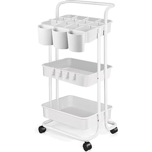 Azmall 3 Tier Utility Rolling Cart - Organizer Cart Storage Cart Makeup Cart Baby Tray Cart with Trolley Handles for Office Bathroom Bedroom (White)