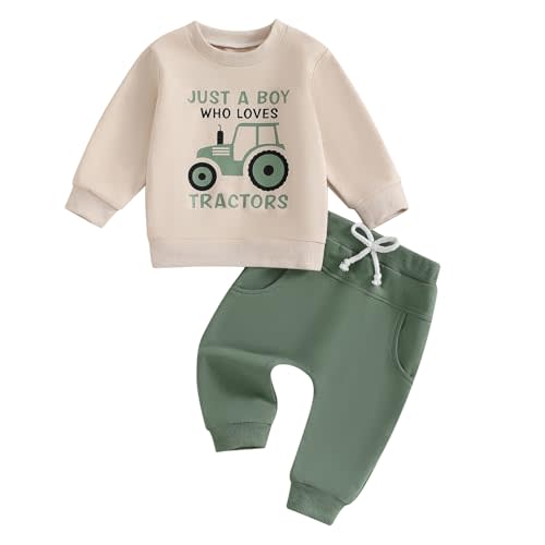 Lucikamy Toddler Baby Boy Fall Winter Outfits Tractor Print Long Sleeve Sweatshirt Pants Set Kids Sweatsuit Clothes