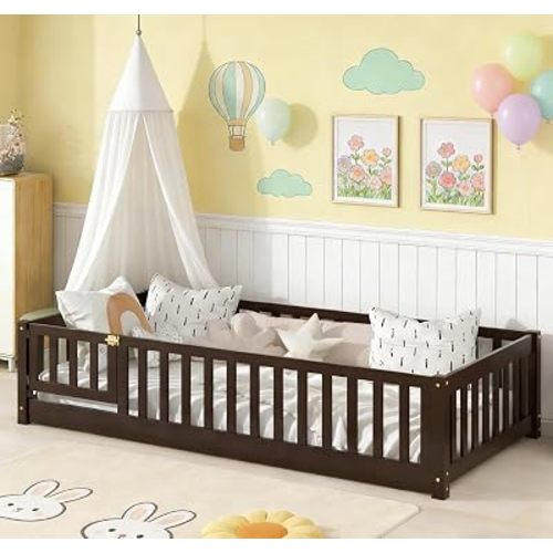 Bellemave Twin Size Montessori Floor Bed with Rails, Pine,Rubber Wood Floor Bed with slats and a Small Door, Espresso