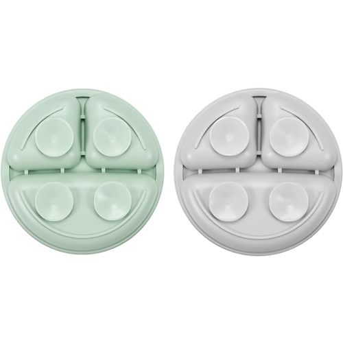 PandaEar Silicone Baby Feeding Set| 2 Pack Silicone Divided Suction Plate with 2 Pack Spoons | Baby Led Weaning Supplies Self Feeding Eating Utensils (Green/Grey)