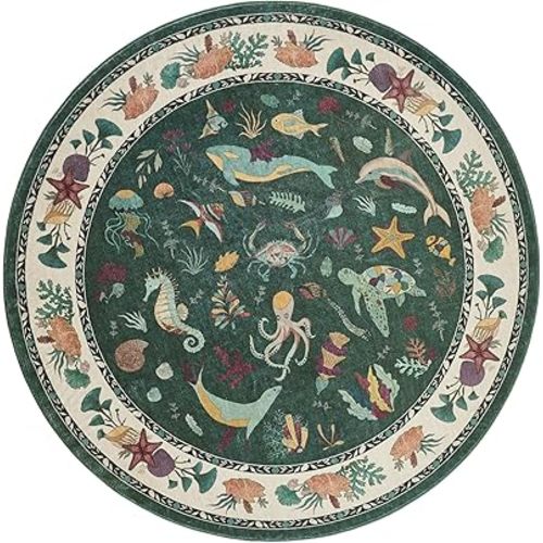 Soft Marine Animal Washable Faux Wool Stain Resistant Rug Rubber Non-Slip Backing for Playroom Bathroom Living Room Bedroom Bedside Beachy Cute Coastal Nautical Nursery Rug (Emerald, 5' Round)