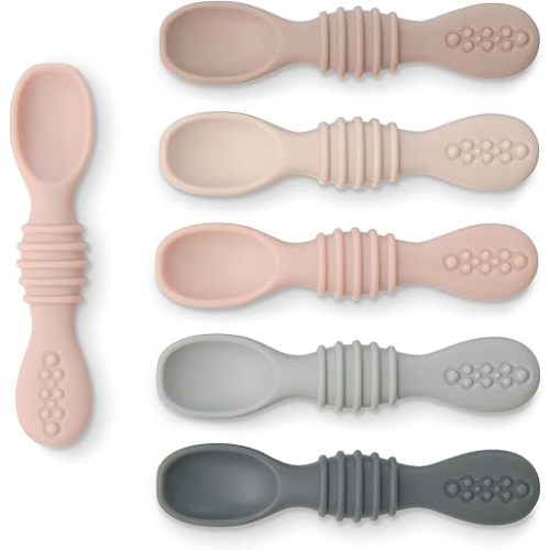 Simka Rose Silicone Baby Spoons Self Feeding 6 Months - First Stage Infant Spoons for Babies & Toddlers- Baby Led Weaning Spoons Set of 6- Easy on Gums Food Training Utensils Dishwasher Microwave Safe