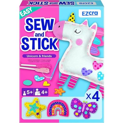EZCRA Easy Arts and Crafts for Kids - No Mess Sewing Kit for Kids - 4 Easy to Do Unicorn Sewing Projects - Fun Felt Stickers - Tools with Instruction - Gifts for Girls Age 4,5,6,7,8