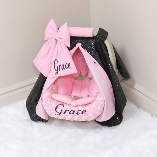 Pink & Black Sparkle Baby Girl Car Seat Accessories - Sparkle Personalized Embroidery - Gift for Newborn - Car Seat Cover and Insert Cushion