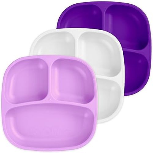 Re-Play Made in USA 7" Deep Walled Divided Plates for Kids, Set of 3 - Reusable 3 Compartment Plates, Dishwasher and Microwave Safe - 7.37" x 7.37" x 1.25", Violet
