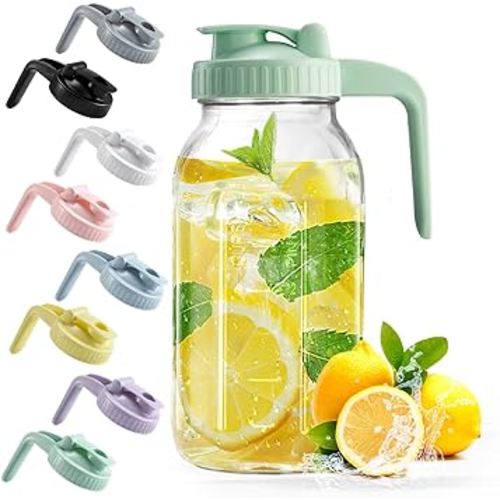 Mason Jar with Pour Spout Lid V-shaped, 2 Quart Iced Tea Pitcher Double Leak Proof, 64 oz Formula Pitcher for Breastmilk, Sun Tea, Juice, Coffee Creamer, Drink Pitcher