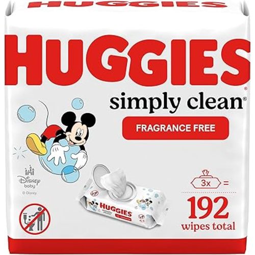 Huggies Simply Clean Fragrance-Free Baby Wipes, Unscented Diaper Wipes, 3 Flip-Top Packs (192 Wipes Total)