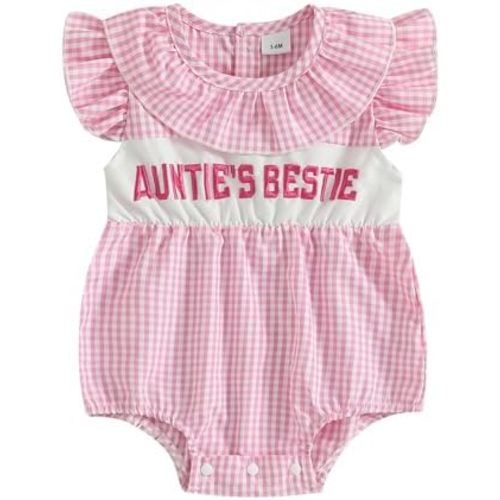 Aunties Bestie Baby Girl Clothes Aunt Saying Letter Embroidery Smocked Bubble Romper One-piece Ruffle Plaid Bodysuit