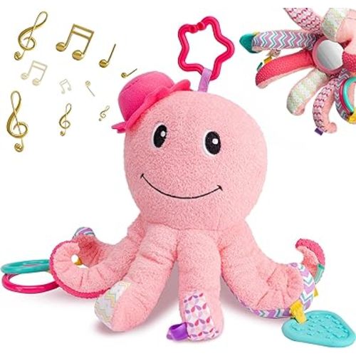 Sumobaby Infant Baby Musical Stuffed Animal Activity Soft Toys, Baby Teething Toys with Multi-Sensory Crinkle, Rattle and Mirror, for Tummy Time Newborn 0-3-6-12 Months Girls, Octopus, Pink