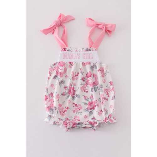 Abby & Evie Girl's Boutique Pink Floral MAMA'S GIRL Embroidered Embroidery Bubble Romper Matching Sibling